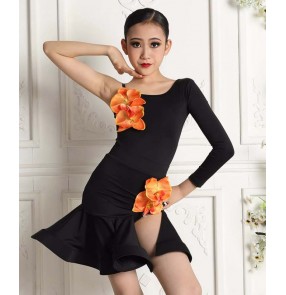 Children girls kids black orange flowers ballroom latin dance dresses for Girls salsa rumba chacha dancing costumes for girls